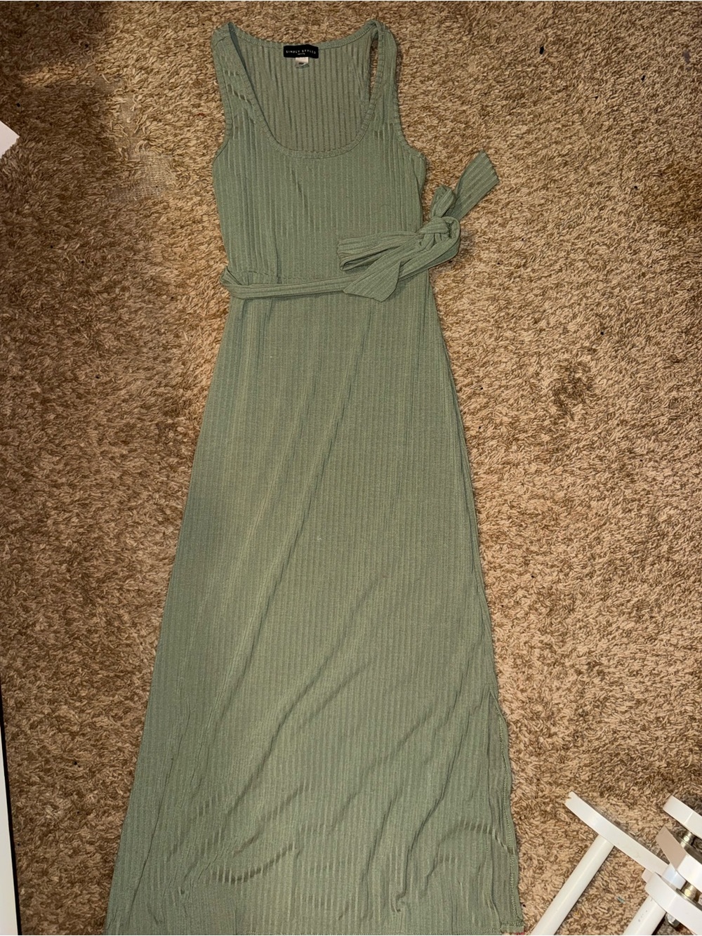Simply Styled Ribbed Maxi Dress with Waist Tie - Sage